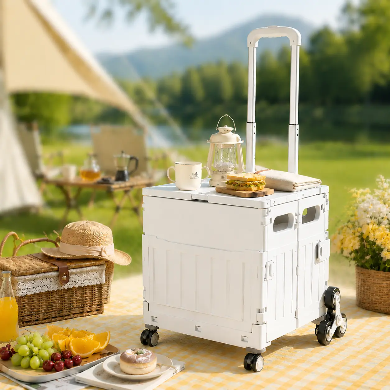 75L Large Aluminum Alloy Roll Cart - Heavy-Duty Foldable Multi-Functional Utility Trolley With Lid, 360° Smooth Rolling Wheels, Stair Climber, Portable Wheeled Organizer For Home Shopping Camping Bulk Haul Storage campingessentials