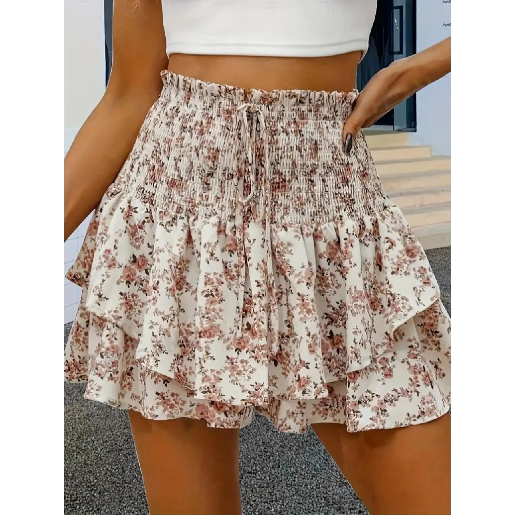 Women's Floral Print Woven Fabric Frill Trim Shirred Tiered Layer Shorts, Casual Boho Bohemian Lightweight Loose High Waist Tie Front Drawstring Wide Leg Shorts for Spring, Fall & Summer, Women's Bottoms for Daily Wear, 1 Piece Womenswear