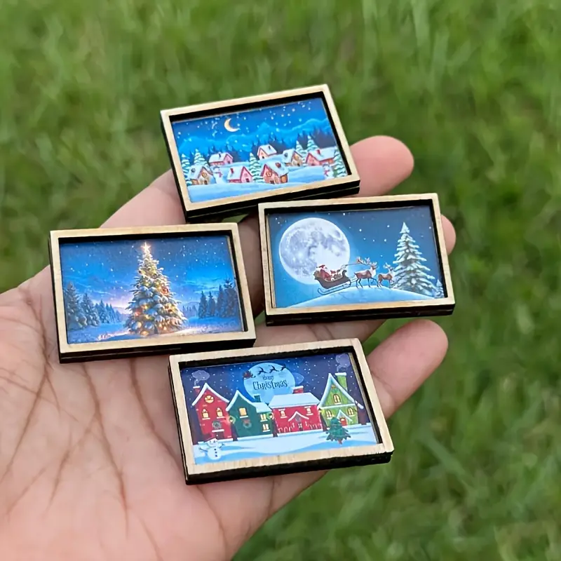4Pcs Mini Wooden Dollhouse Christmas Village Set 1:12 Scale Santa Reindeer Igloo with Mini Art Scene Figures Diorama Toy Collectible Perfect for Holiday Decor Compatible with Dollhouse Collectors Christmas Easter New Year Gift