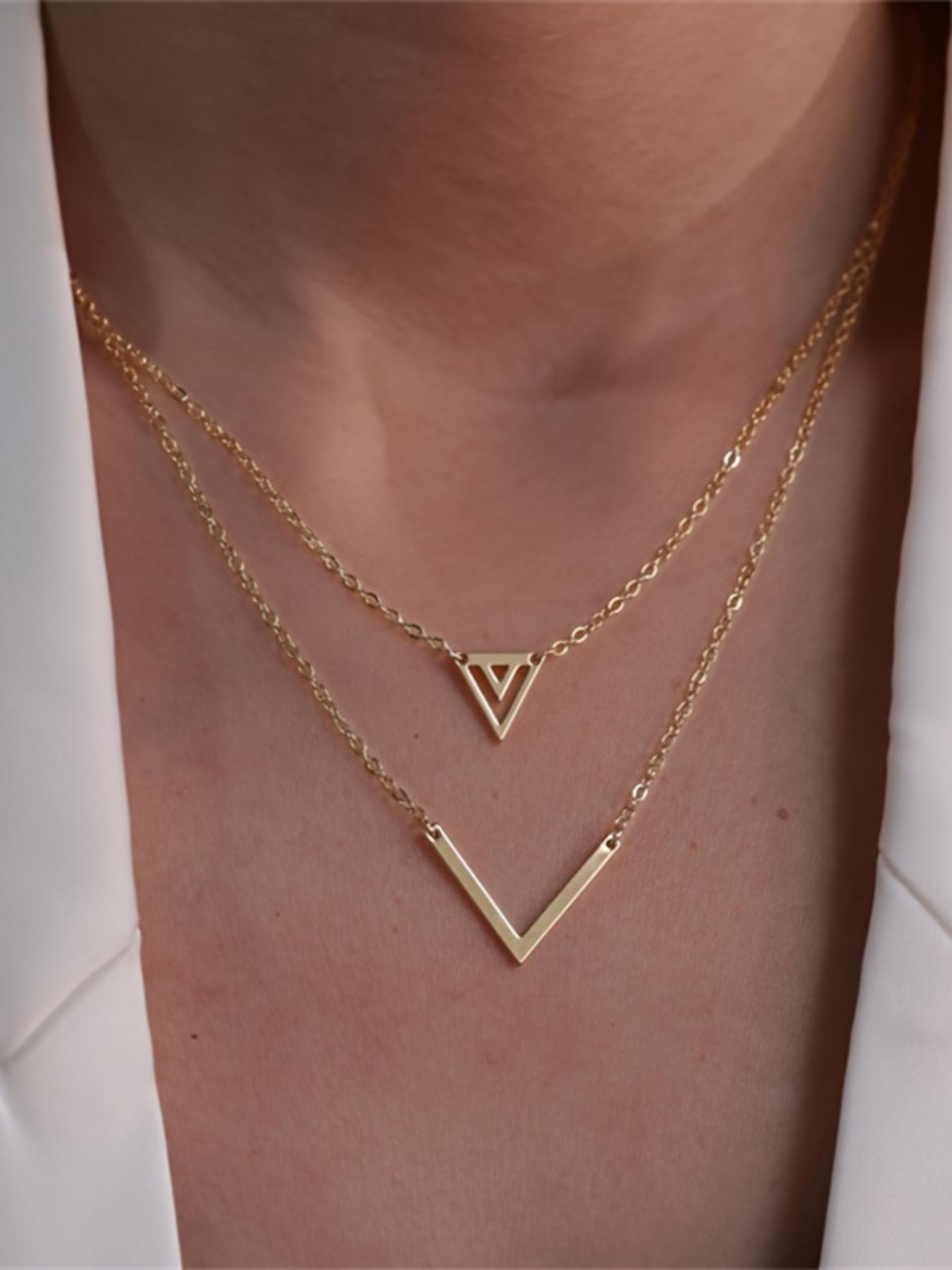 Women's Elegant V-shaped Hollow Triangle Pendant Necklace, Exquisite Trendy Layered Necklace, Chic Vintage Jewelry As Gift for Girlfriend