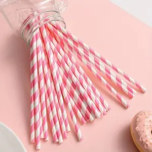 100pcs multi-color (pink/blue/yellow/orange) thickened diagonal striped disposable straight round tube paper straws, food-grade and biodegradable, waterproof and will not collapse, suitable for birthdays/weddings/holiday parties, Halloween, Mother's Day