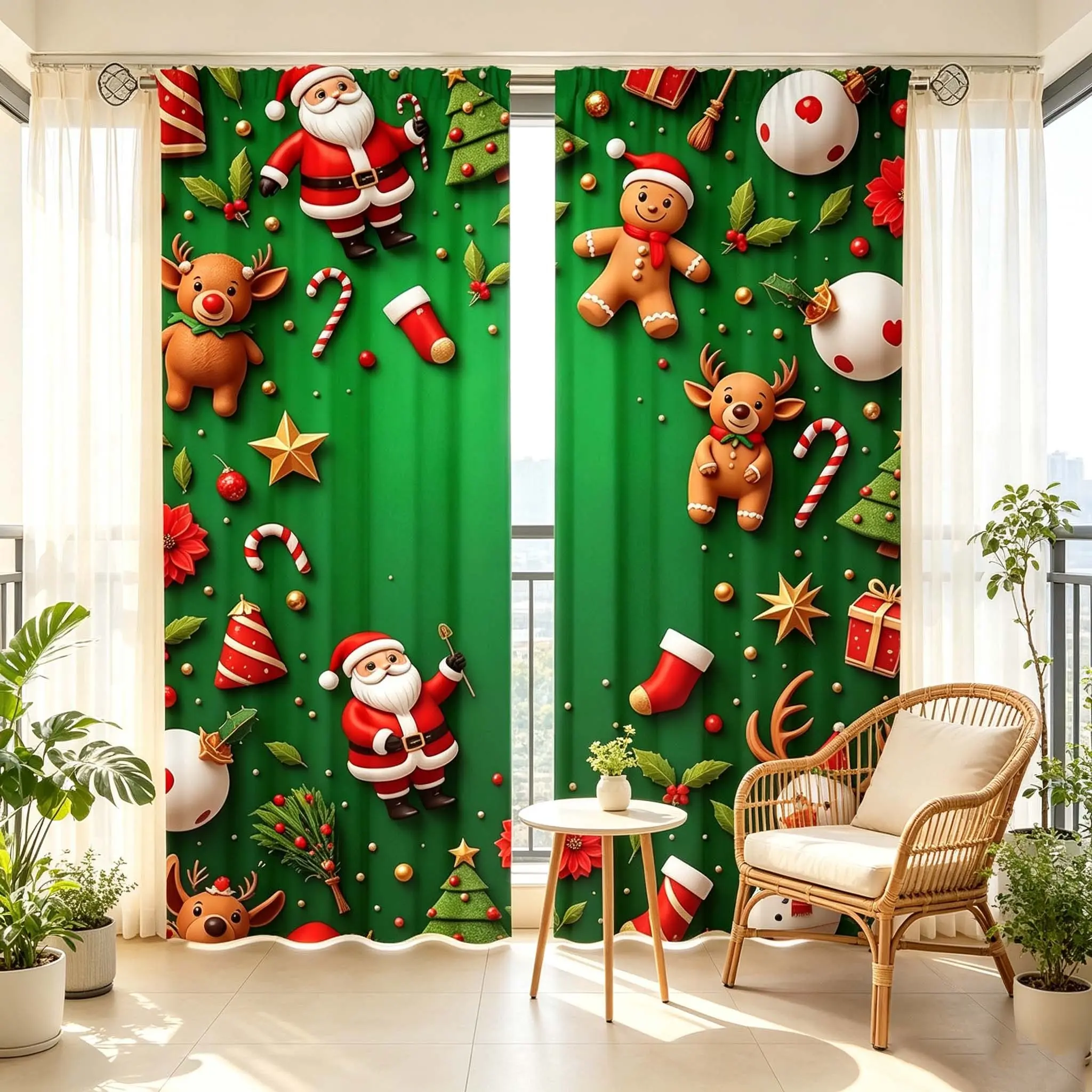 2-piece set of European retro Christmas semi blackout curtains, cartoon Santa Claus red nose reindeer Christmas socks cane candy star pattern, home bedroom customer service hotel balcony holiday curtains