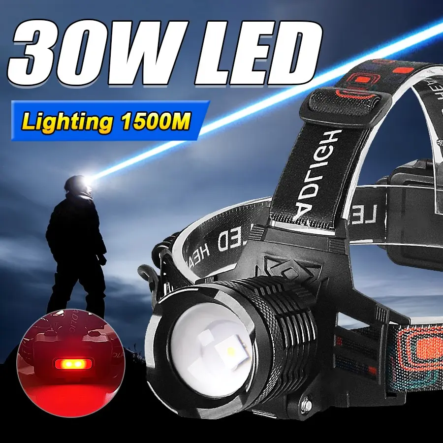 Upgraded Powerful Outdoor Sports Headlamp, Long Range 1500m Rechargeable LED Headlight, Waterproof Aluminum Alloy Camping Hiking Fishing Hunting Light