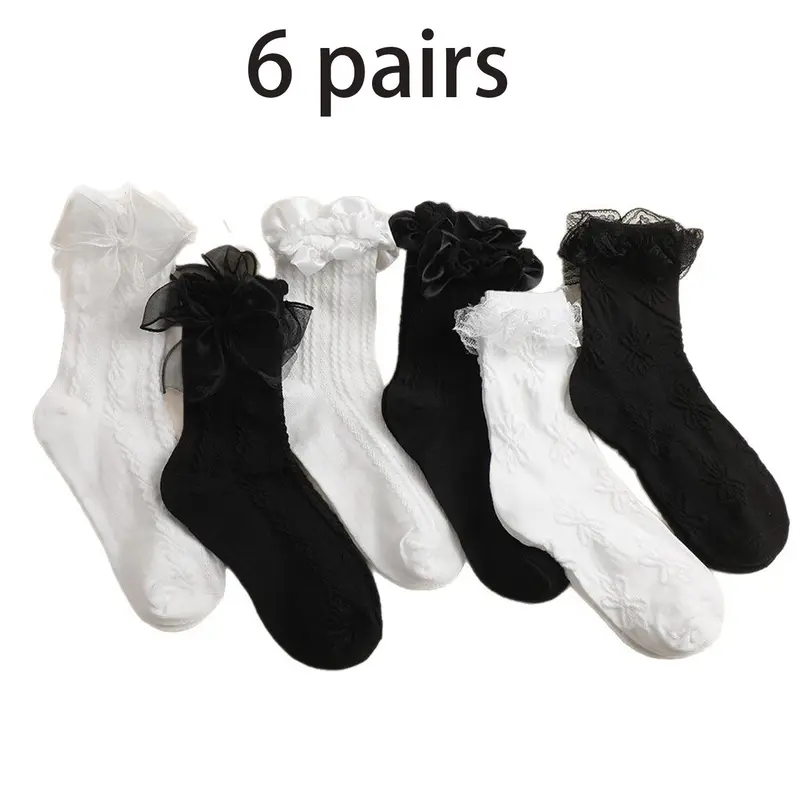 Women's Jacquard Contrast Lace Ruffle Trim Crew Socks, Cute Fashion Casual Bow Decor Socks for Daily Outdoor Wear, Ladies Socks for All Seasons, Casual Knit Socks, Socks With Ruffles