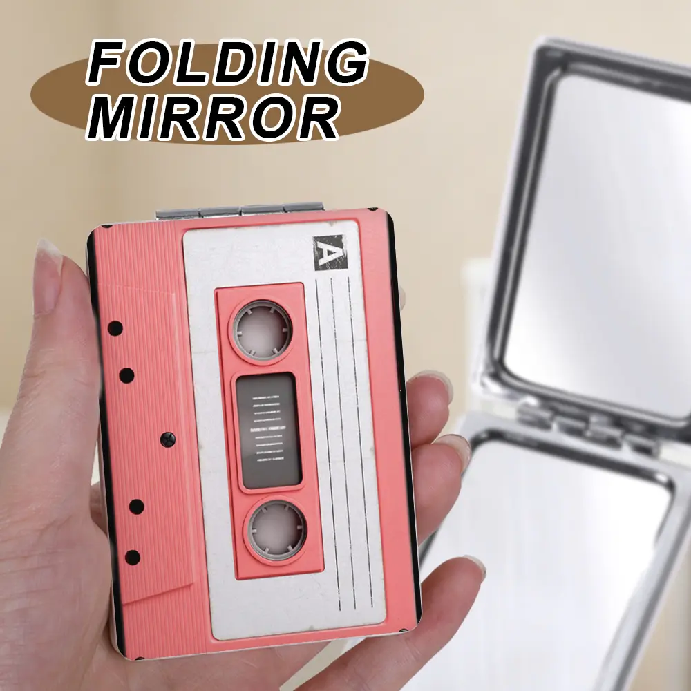 1Pc Retro Pink Cassette Tape Compact Mirror Vintage Aesthetic Pocket Makeup Mirror 1X 2X Magnifying Portable Folding Travel Mirror for Purse Travel Home Perfect Gift for Women Girls Handheld Mirrors