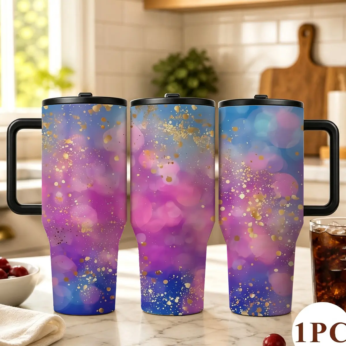 40oz Insulated Stainless Steel Tumbler with Handle & Straw, Pink Purple Galaxy Print Design, Leakproof, Cup Holder-Fit Travel Mug for Women, Office Gym Trips