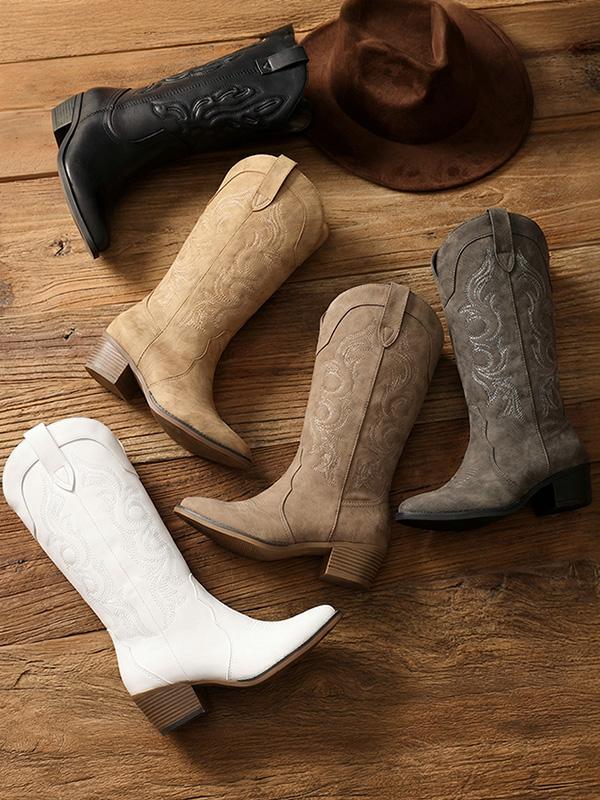 Cowboy Cowgirl Boots for Women Western Fashion Embroidery Chunky Heel Pointed Toe Comfortable Mid Calf Boots with Side Zipper