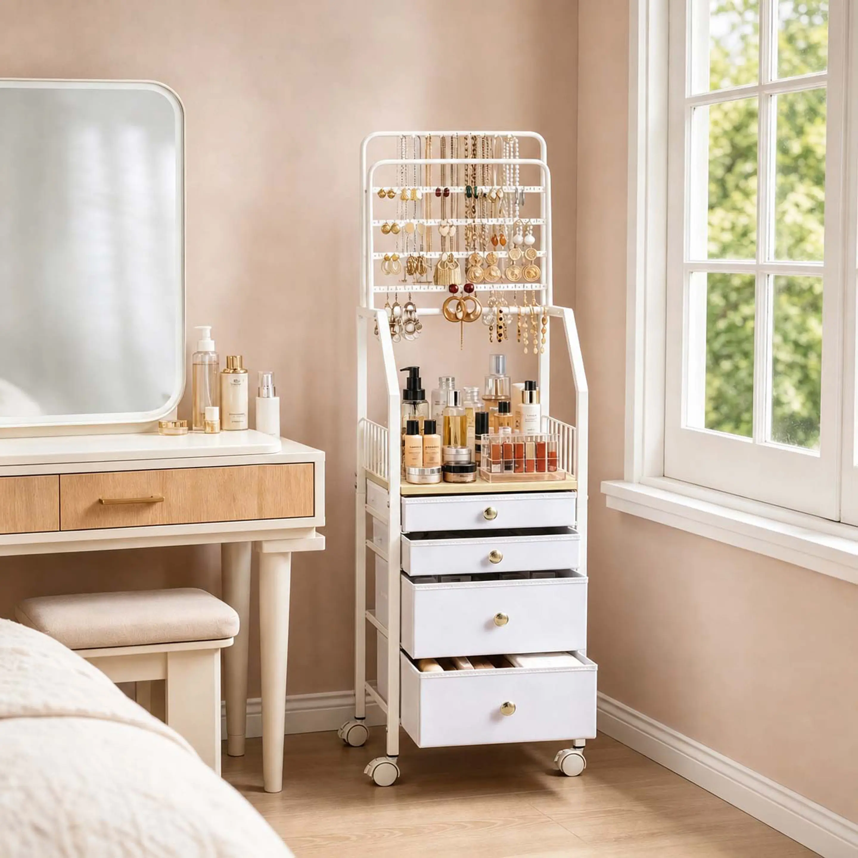Jewelry Organizer Rack with 4 Fabric Drawer & Wheel, Mobile Stand Jewelry Organizer Cabinet for Necklace, Earring, Ring & Bracelet