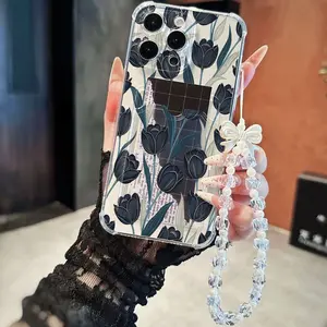 Navy Blue Floral Tulip Pattern Phone Case Elegant Modern Graphic Design Shockproof Anti-Scratch Precise Holes Card Slot Beaded Charm Strap Multi-Model Perfect Fit Compatible with iPhone11/12/13/14/15/Promax16/16Promax/16pro/16plus Suitable for iPho