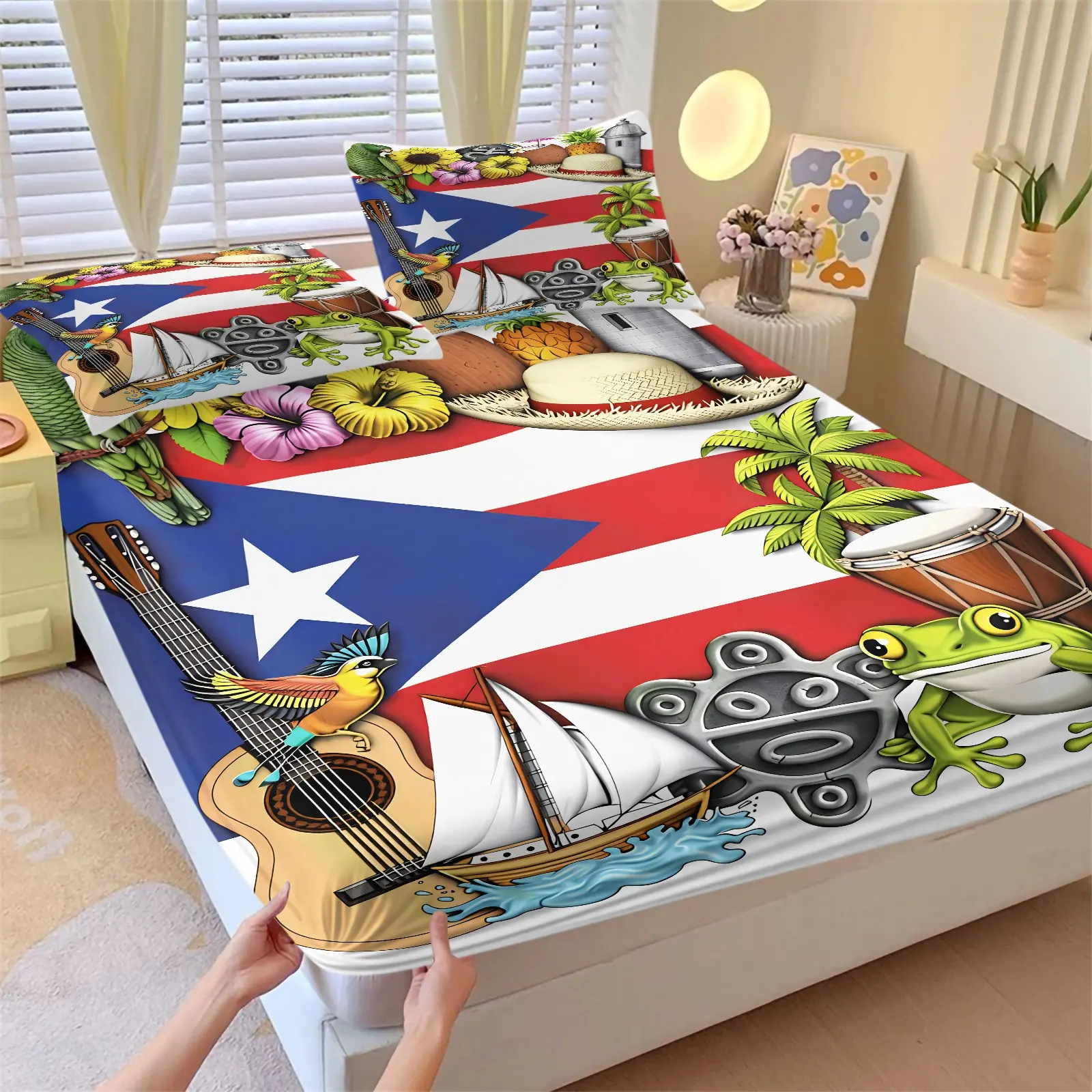 3Pcs Puerto Rico Cultural Tropical Fitted Sheet Set, Soft Breathable Microfiber Mattress Cover, Puerto Rico Flag, Coqui Frog, Acoustic Guitar, Sailboat, Hibiscus, Palm Tree & Taino Tribal Totem Print, All Season Bedding