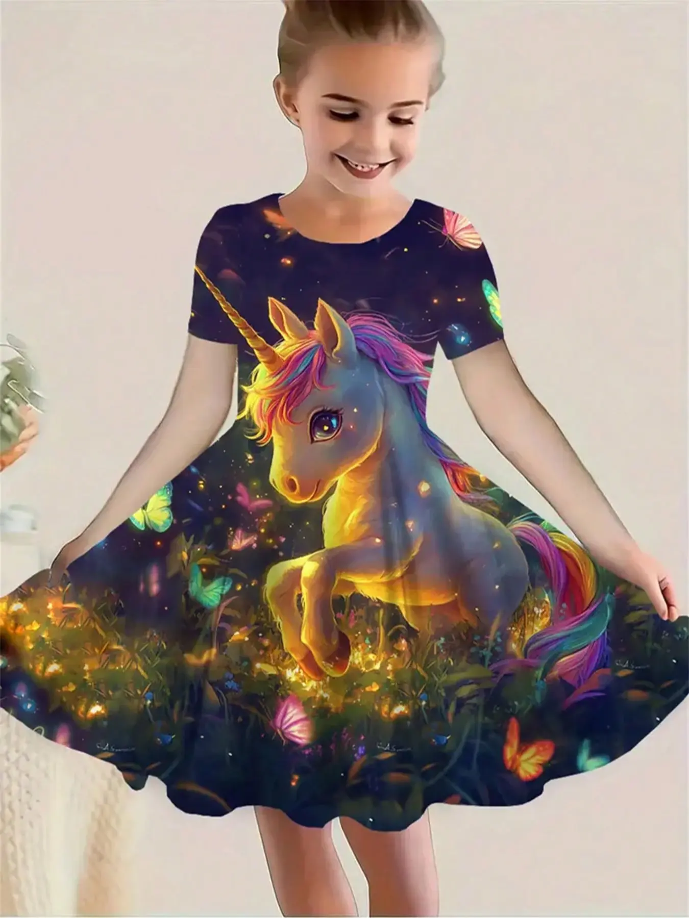 Girls' Unicorn Cartoon Tunic Dress, Short Sleeve, Summer Casual Round Neck, 3D Print, Applique Detail, Slight Stretch, Princess Dress for Kids