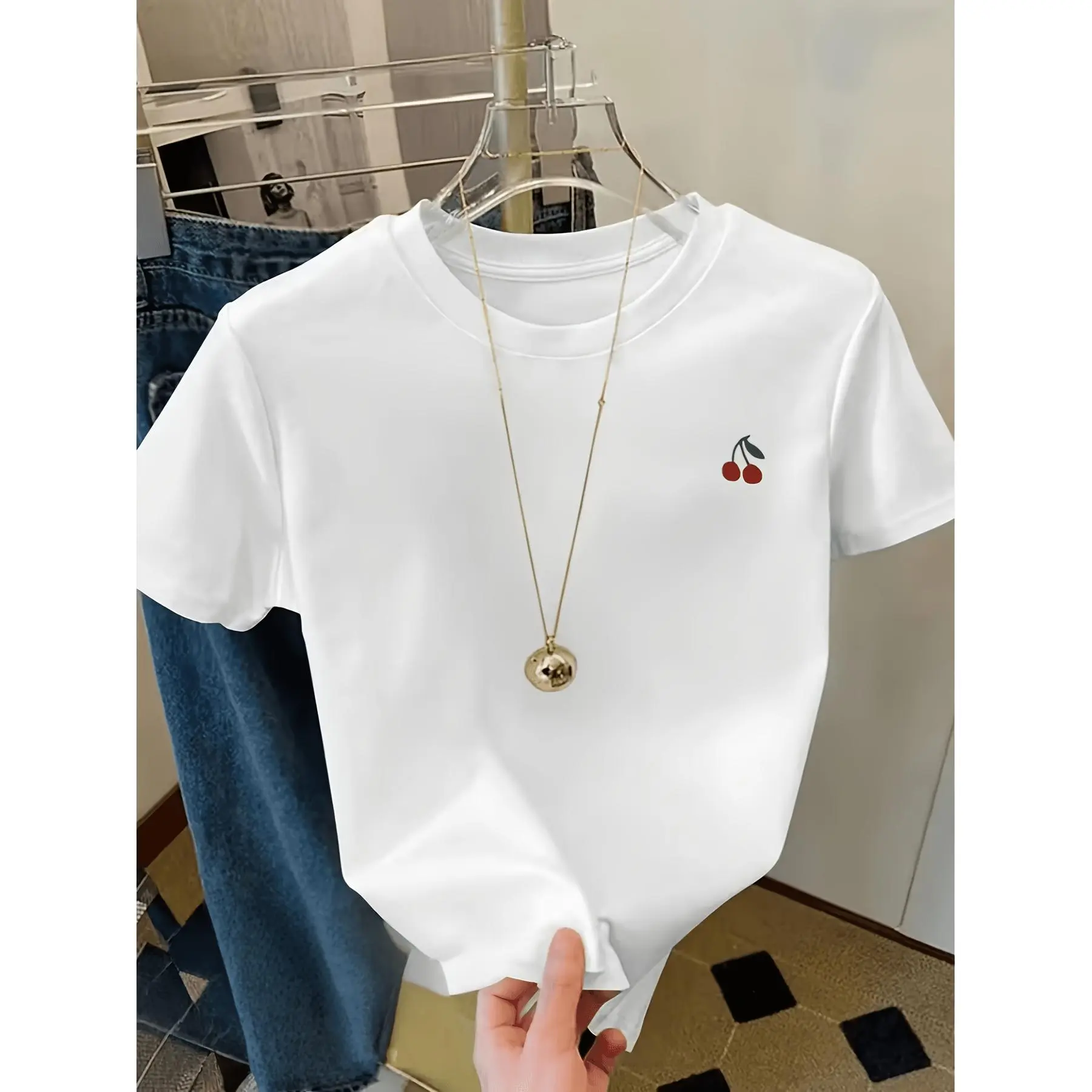 Fresh Small Cherry Print White Short-Sleeved T-Shirt, And Versatile Style for Summer--