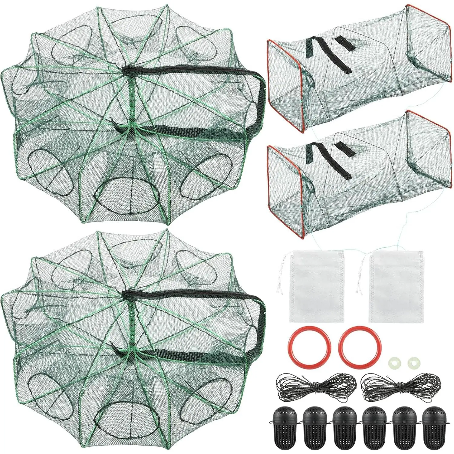 2 Round+2 Square Fishing Trap Set | Multi‑Hole Bait Net for Shrimp Crab Crawfish