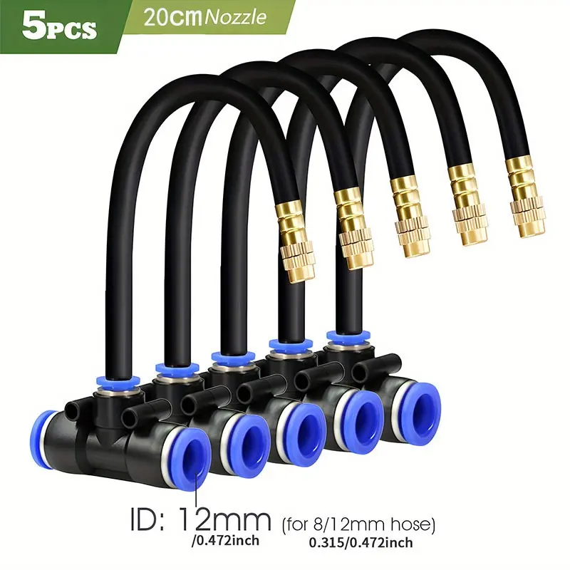 5 sets flexible, 360-degree swivel, adjustable nozzles, Adjustable Plant Watering System, made of brass and plastic, leak-proof with quic connectors, suitable for cooling systems, gardening, and industrial irrigation, fits 12mm PE/PU/PVC nylon hoses