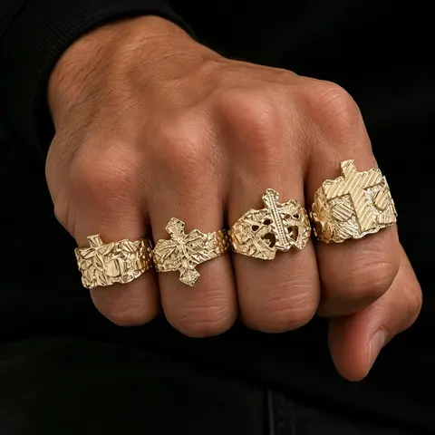 4-Piece Vintage Gold Cross Stackable Men's Ring Set, Fashion Stackable Rings, Irregular Hammered Cross Stamp Rings, Gothic Hip Hop Multilayer Rings, Religious Streetwear Jewelry, Stackable Finger Rings