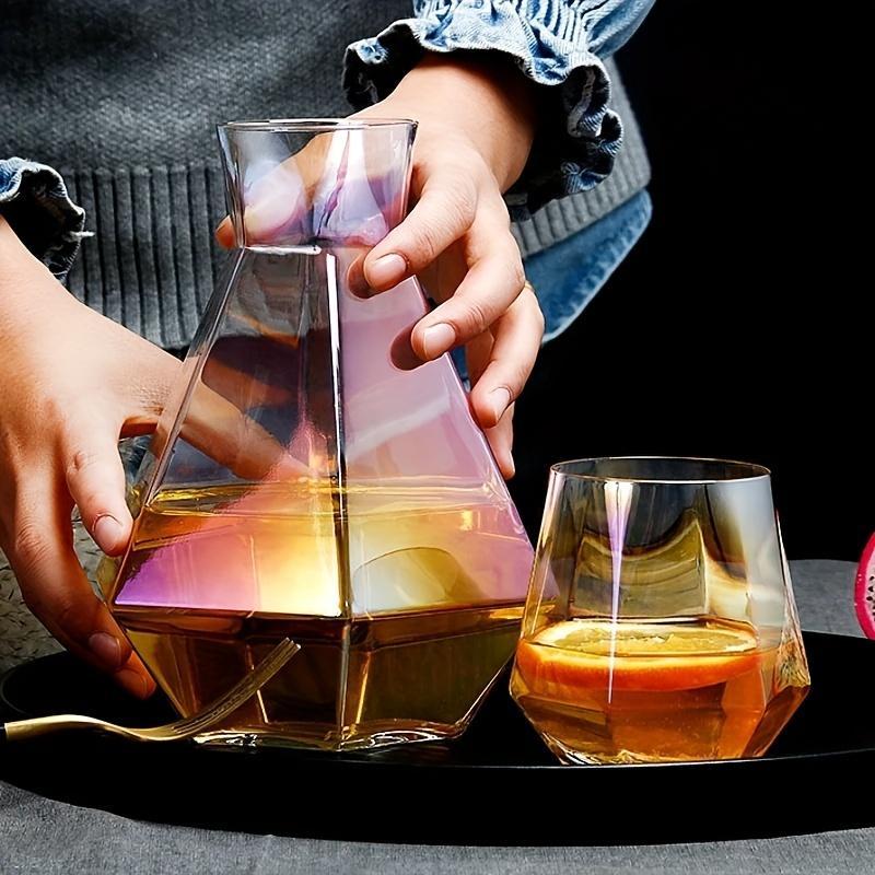 Diamond-Shaped Glass Pitcher and Tumbler Set with Wooden Lid Ball - 5 Piece Modern Water Carafe and Drinking Glasses Bundle for Whiskey, Scotch, Bourbon, Vodka - Elegant Beverage Serving Set