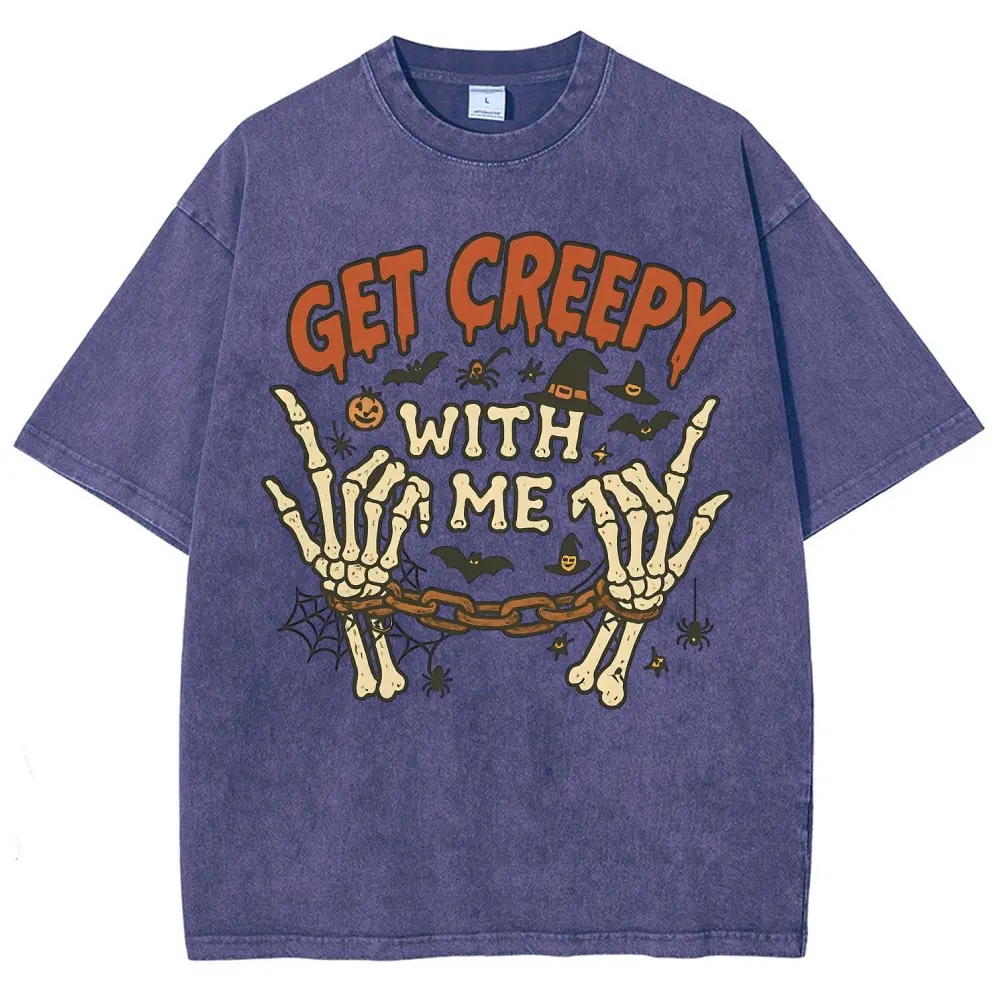 Vintage Washed Pink Halloween T-Shirt Get Creepy With Me Skeleton Graphic Tee Oversized Acid Wash Spooky Season Unisex Shirt