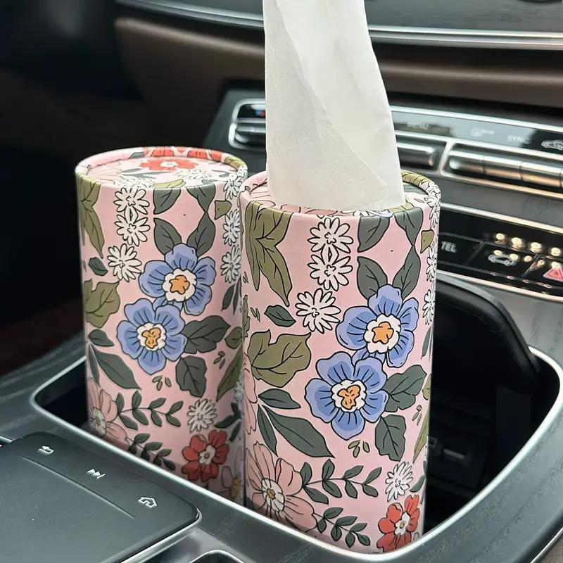 Flower Pattern Car Tissue Box, Car Seat Cylindrical Tissue Holder and Tissue Dispenser, Car Interior Accessories for Women & Girls