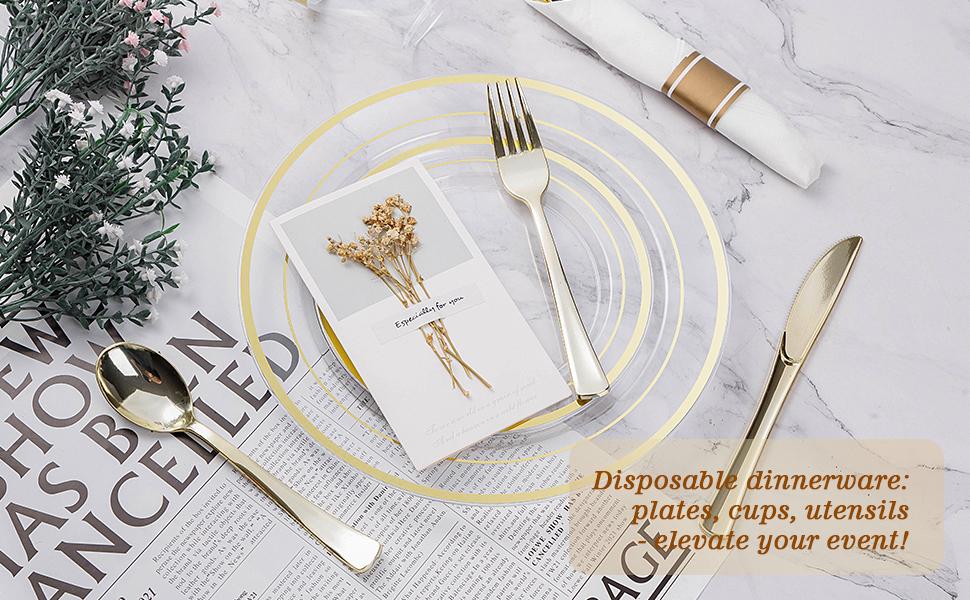 GOODLUCK 175PCS Clear Gold Plastic Dinnerware Set Disposable Party Plates for 25 Guests Includes 50 Plates 25 Pre Rolled Napkins with Silverware 25 Cups Dessert Plate Christmas Disposable Gold Cutlery