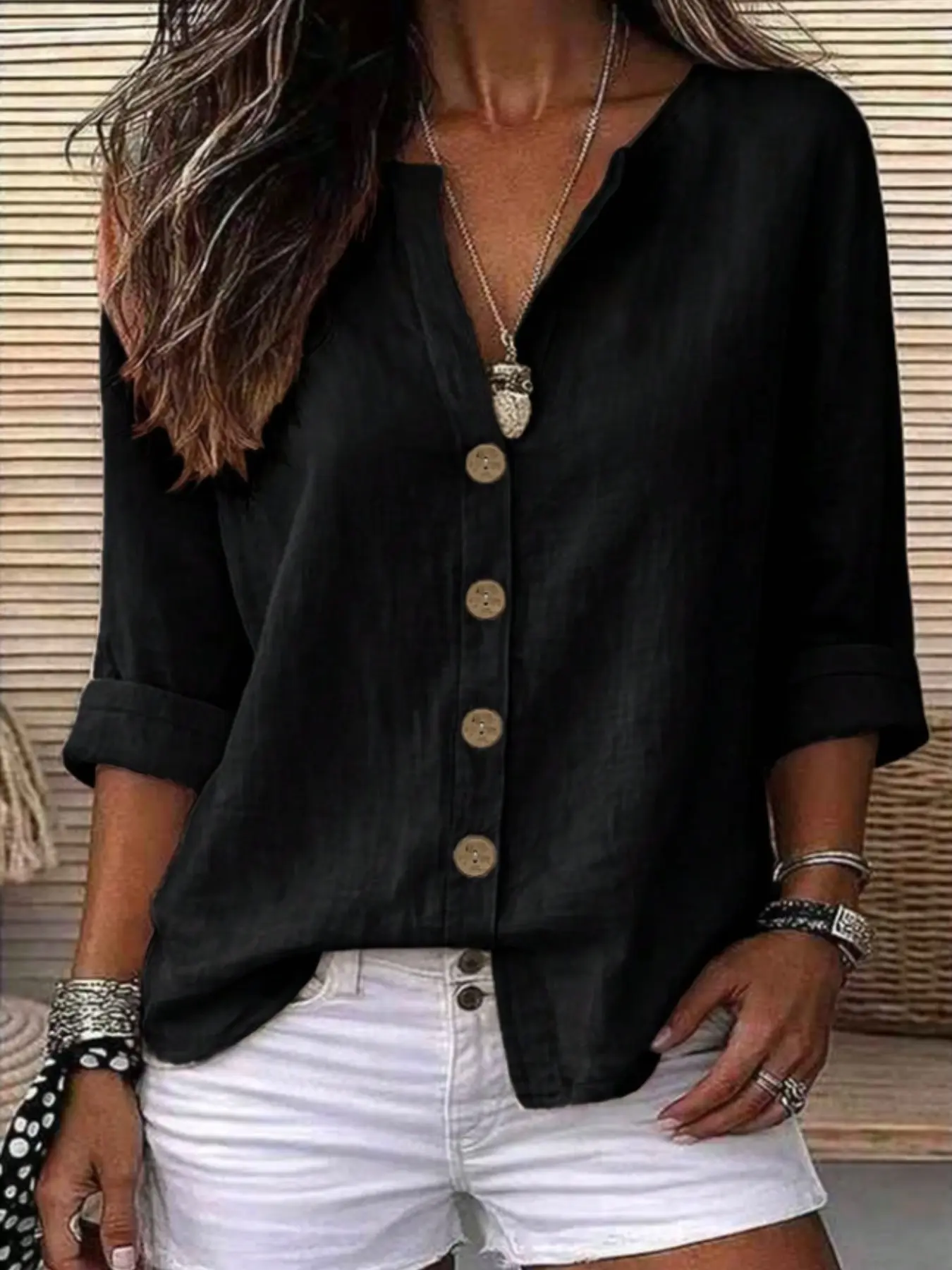 Women's Solid Color 4/3 Sleeve Casual Elegant Simple Button Blouse Shirt, Loose-Fitting All-Seasons Top, Unlined Buttons Design