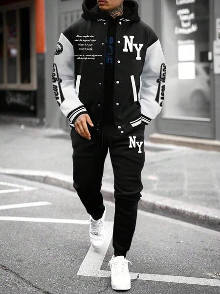 Men's Letter Print Baseball Jacket & Sweatpants Two-Piece Set, Regular Fit Casual Fashion Cozy Breathable Two Piece Outfits for Daily Outdoor Wear, Men Clothes for Fall & Winter