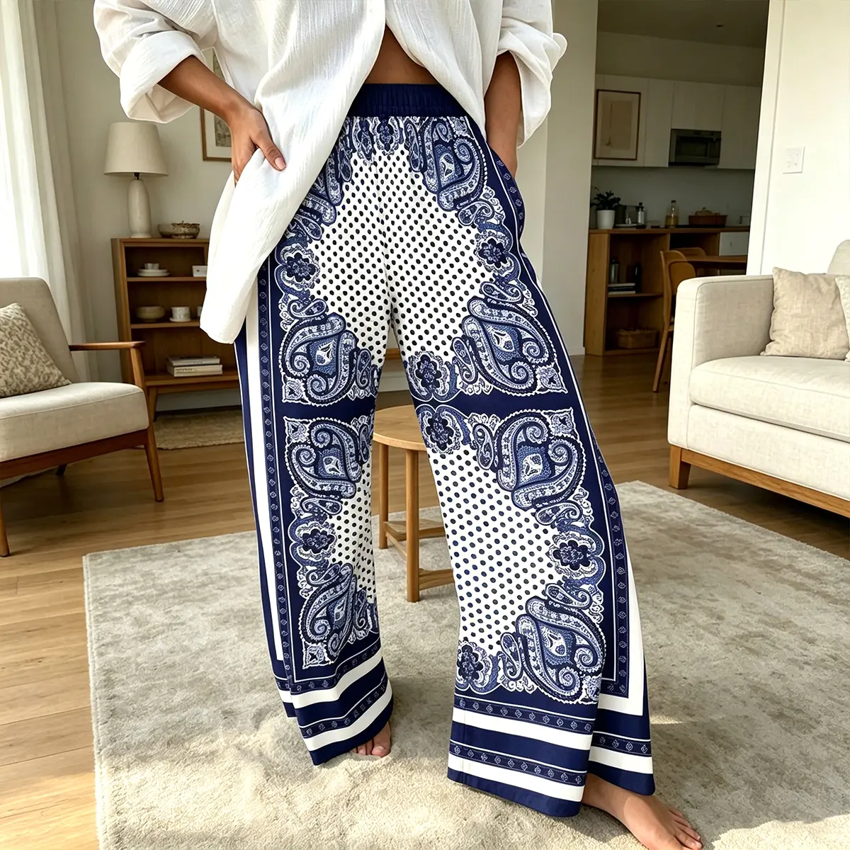 Retro Chic Paisley Satin Pants for Women, High Waist Loose Wide-Leg Fit with Pockets for Aesthetic Beach and Vacation Wear, Travel Pants, Flattering Pants
