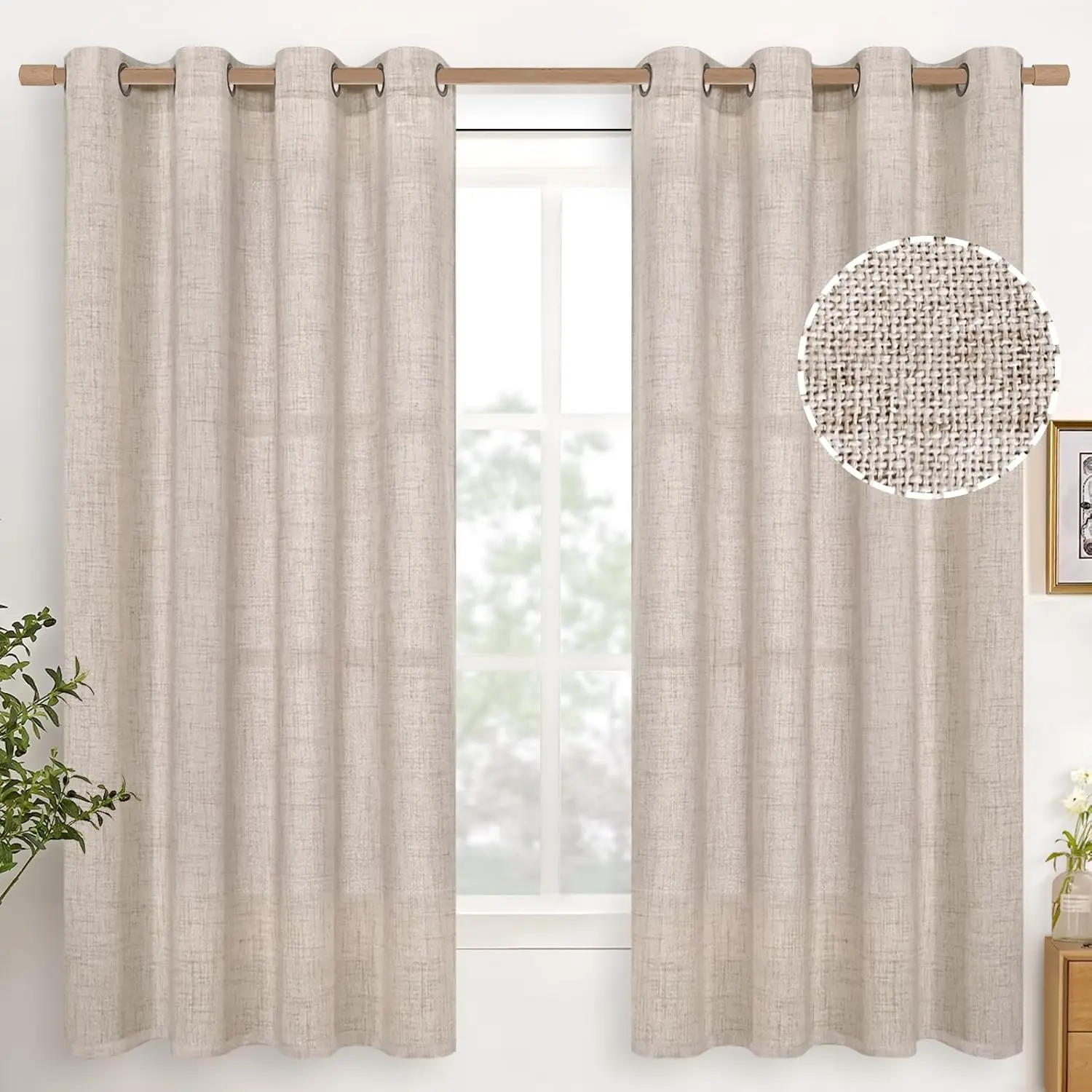 Linen Semi Sheer Window Covering Curtains, 2 Panels 52x63" Light Filtering Beige Drapes with Bronze Grommets, Living Room Decor Window Treatments for Bedroom Office, Two Panels