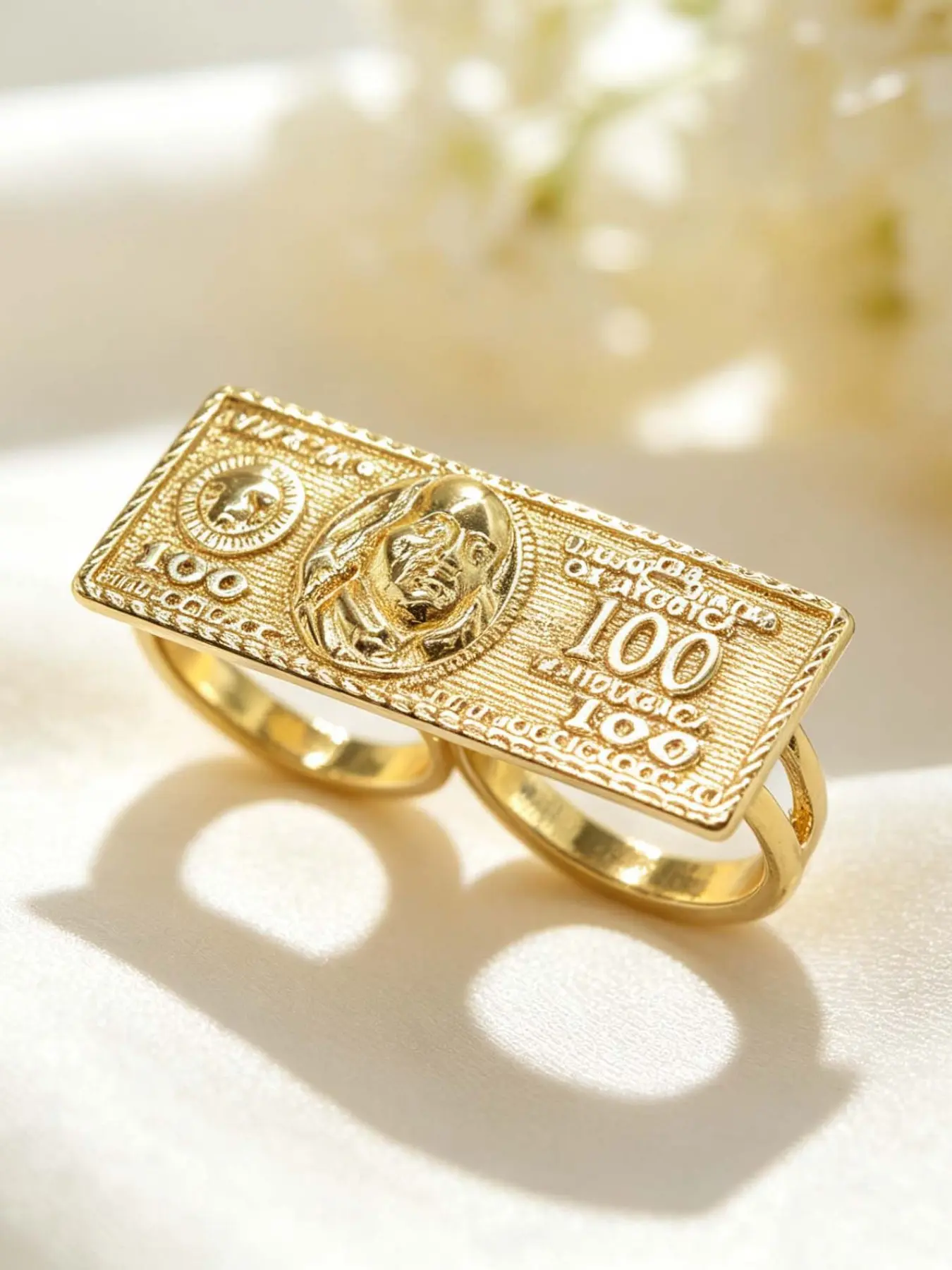1pc Retro Stylish Gold‑Plated 100 Dollar Bill Double Finger Ring Women Daily Decorative Jewelry Holiday Gift Party Gift