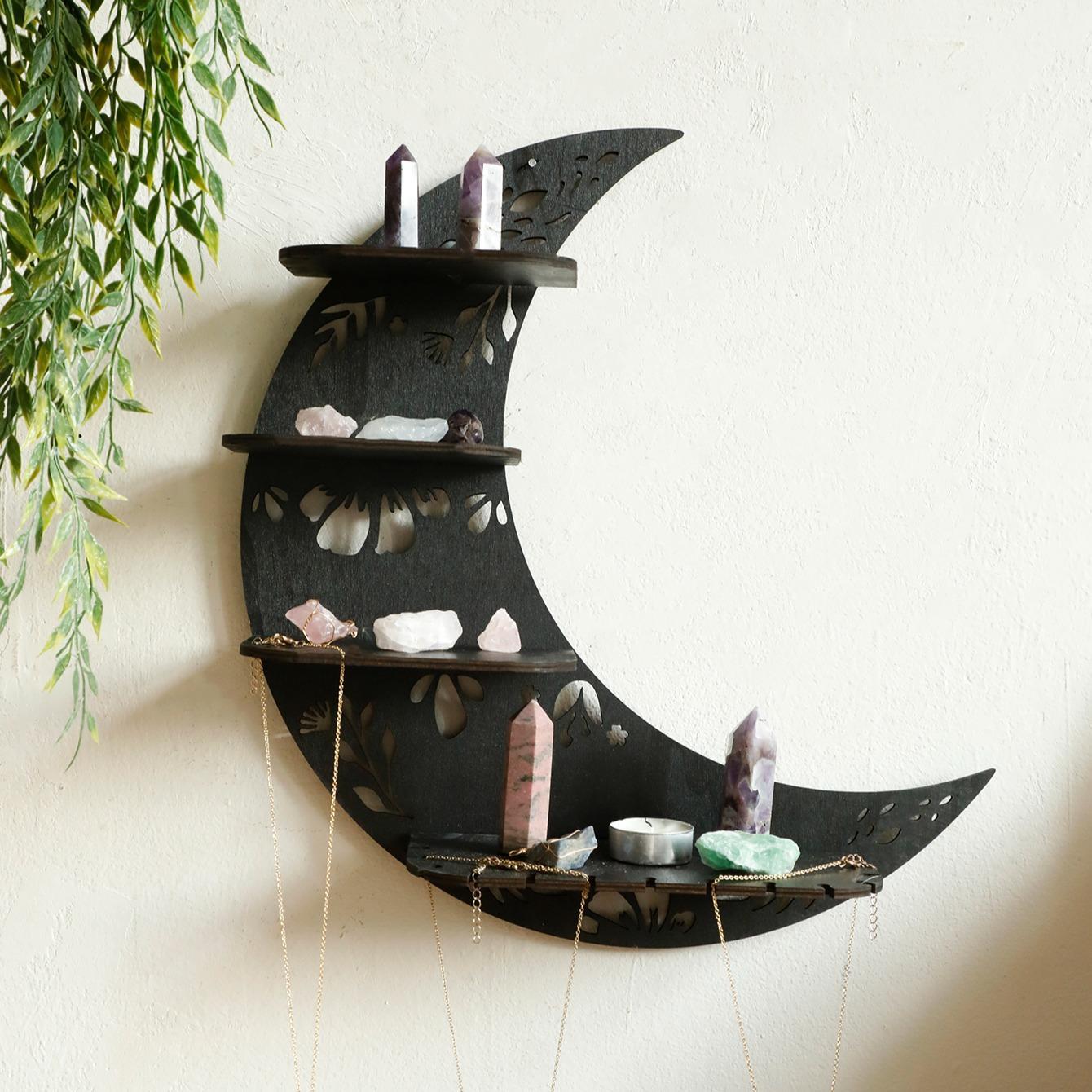 Moon Shaped Wall Mounted Shelf, 1 Count Wooden Wall Hanging Storage Rack, Wall Mounted Holder, Wall Mount Design, Wall Decor for Home Interior Living Room Bedroom, Home Decor, Decorations Supplies