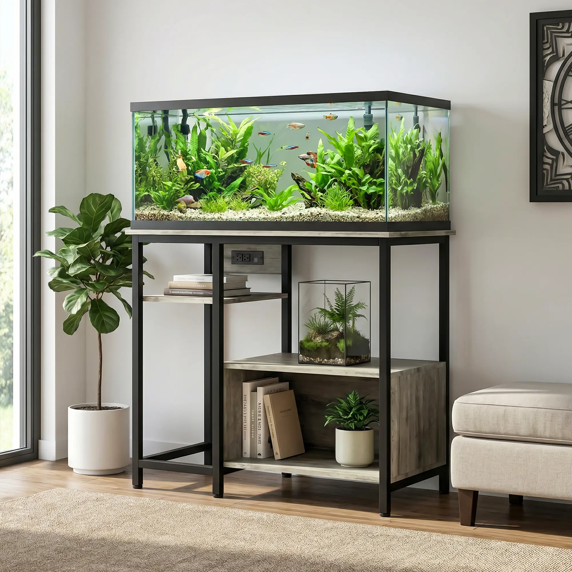 40-50 Gallon Aquarium Stand with Power Outlets – 4-Tier Heavy Duty Storage Shelf, Metal & Wood Fish Tank Rack for Terrariums & Plant Display