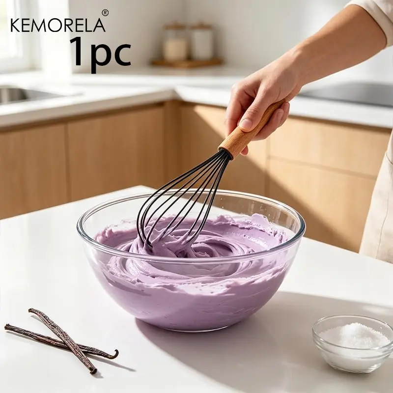 1pc Non-Stick Silicone Kitchen Tool, Wooden Handle Egg Beater/food Tongue, Durable & Easy-To-Use, Perfect for Cooking & Baking