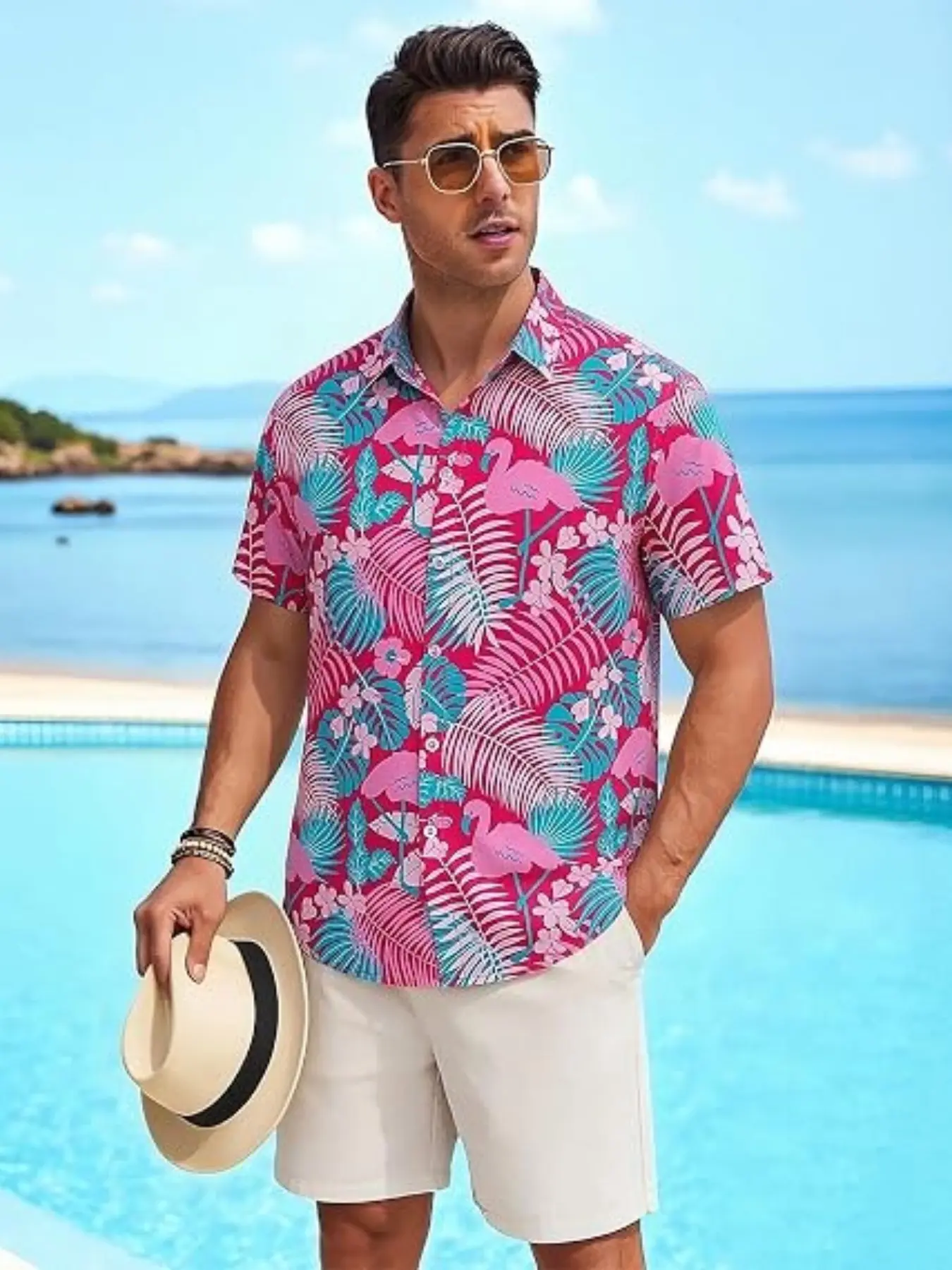 Men Cuban Collar Open Front Hawaiian Shirt Sublimation Pink Palm Leaf Print Loose Breathable Anti-wrinkle Casual Shirt Summer Beach Seaside Vacation Top For Men Holiday Street Daily Outfit