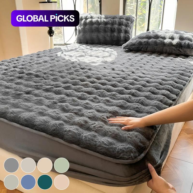 Faux Rabbit Fur Fitted Sheet Set, Ultra Soft Warm Solid Color Bedding, 3-Piece Luxury Bed Sheet Set with 1 Fitted Sheet & 1/2 Pillowcases, All Season Cozy Bedding for Bedroom Dorm Sofa, Fluffy Plush Christmas Gift, Bedding Supplies