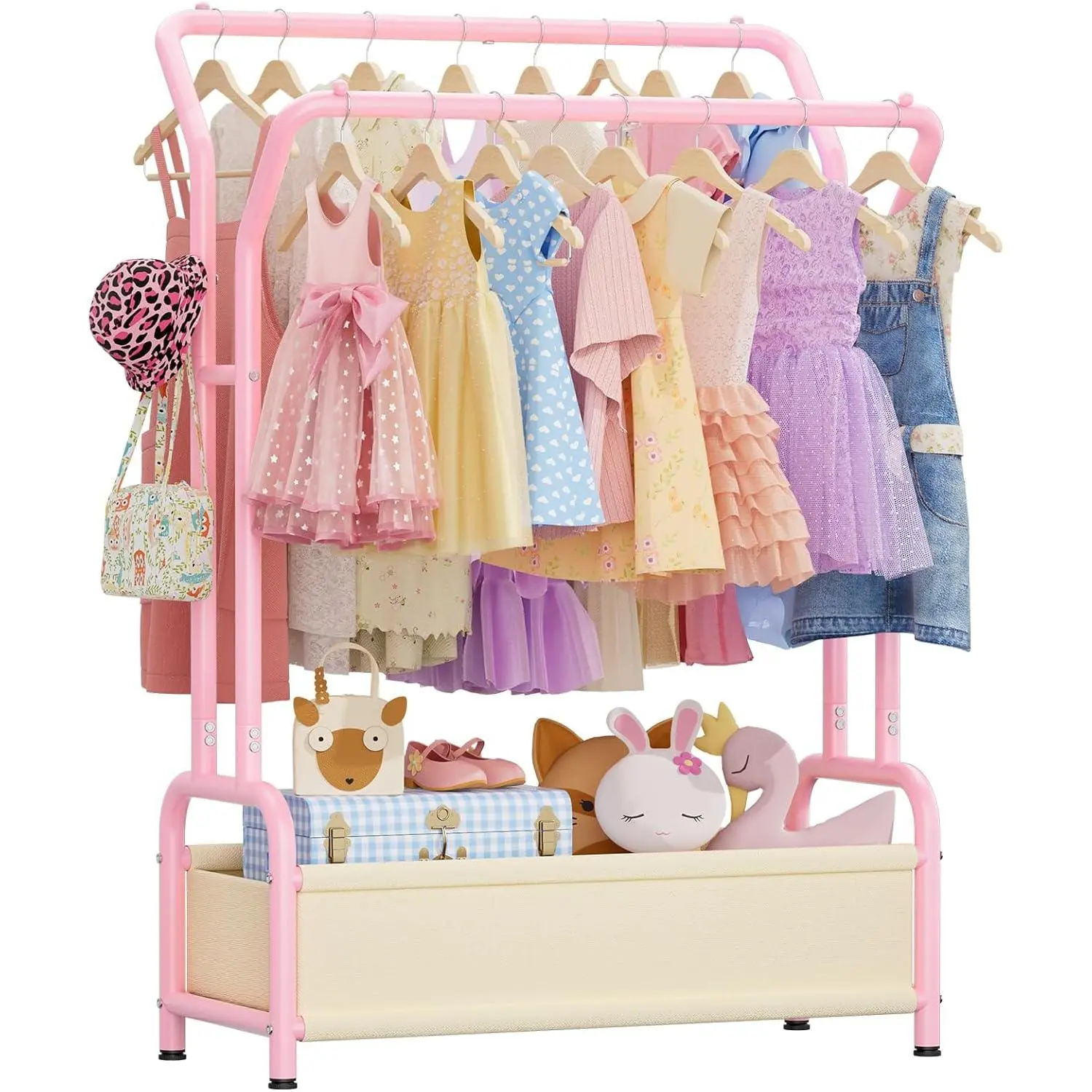 Kids Clothing Rack with Double Hanging Rods and Storage Basket, Child-Height Dress Up Storage for Toddler, Open Kids Closet for Baby Clothes, Costumes, Shoes and Toy, Kids Clothes Rack Bedroom Nursery