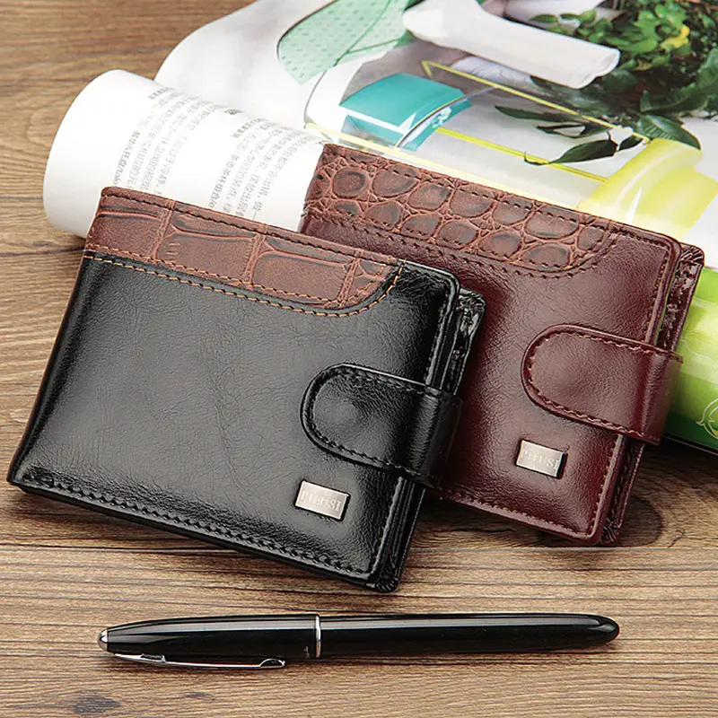 Men Tri-Fold Snap Wallet Faux Leather Multi Card Slots with Clear ID Window and Coin Pocket Vintage Business Short Purse for Male Husband Boyfriend Father Gift