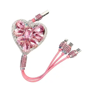 3-in-1 Heart Shaped Car Charger Cable with Shiny Rhinestone Design Fast Charging Expandable USB Cord Compatible with All iPhone Models Android Type-C Cute Auto Accessory Gift for Women
