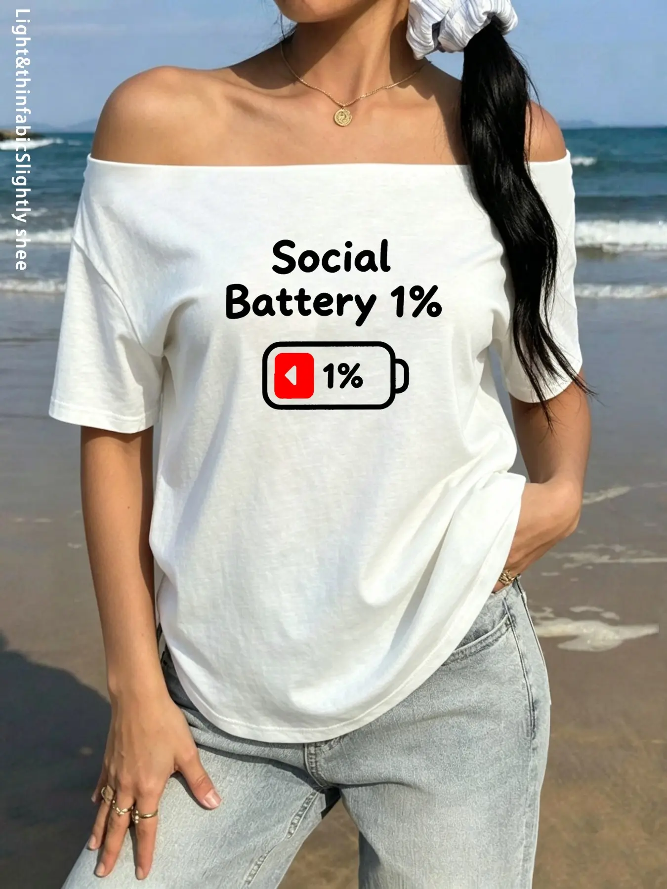 Y2K American Fun Social Battery 1% Print Off Shoulder Short Sleeve Top, Lightweight Breathable Loose Casual T-Shirt, Trendy Personality Tee For Women, Ideal For Beach Vacation, Daily Streetwear, Lazy Home Wear