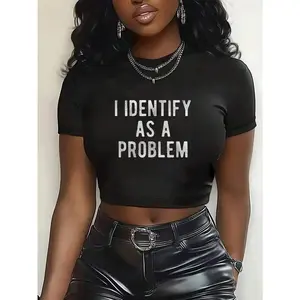Women'S Y2K Sexy Cropped T-Shirt - Oversized Relaxed Fit Short Sleeve Crew Neck Top With "I Identify As A Problem" Slogan Print, T Shirt For Women, Graphic Tee Women, Women Blouse, Top For Women, Women Clothe, Women's Short Sleeve Ribbed Crop Tee –, Light