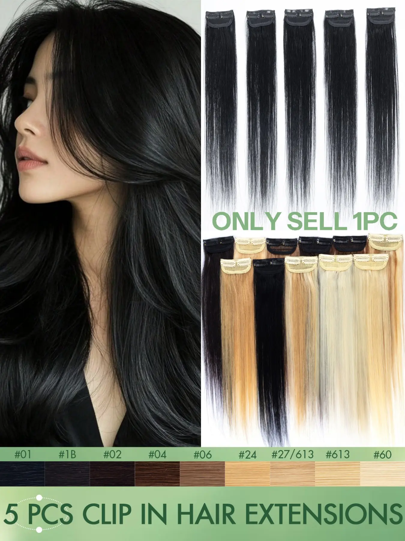 5Pcs 2 Clips in hair extension Human Hair Glueless extensions, Salon hair extensions, Straight hair extensions Highlight Hair Clip In Human Hair Natural Black Straight Hairpieces for Women Realistic Hairpiece
