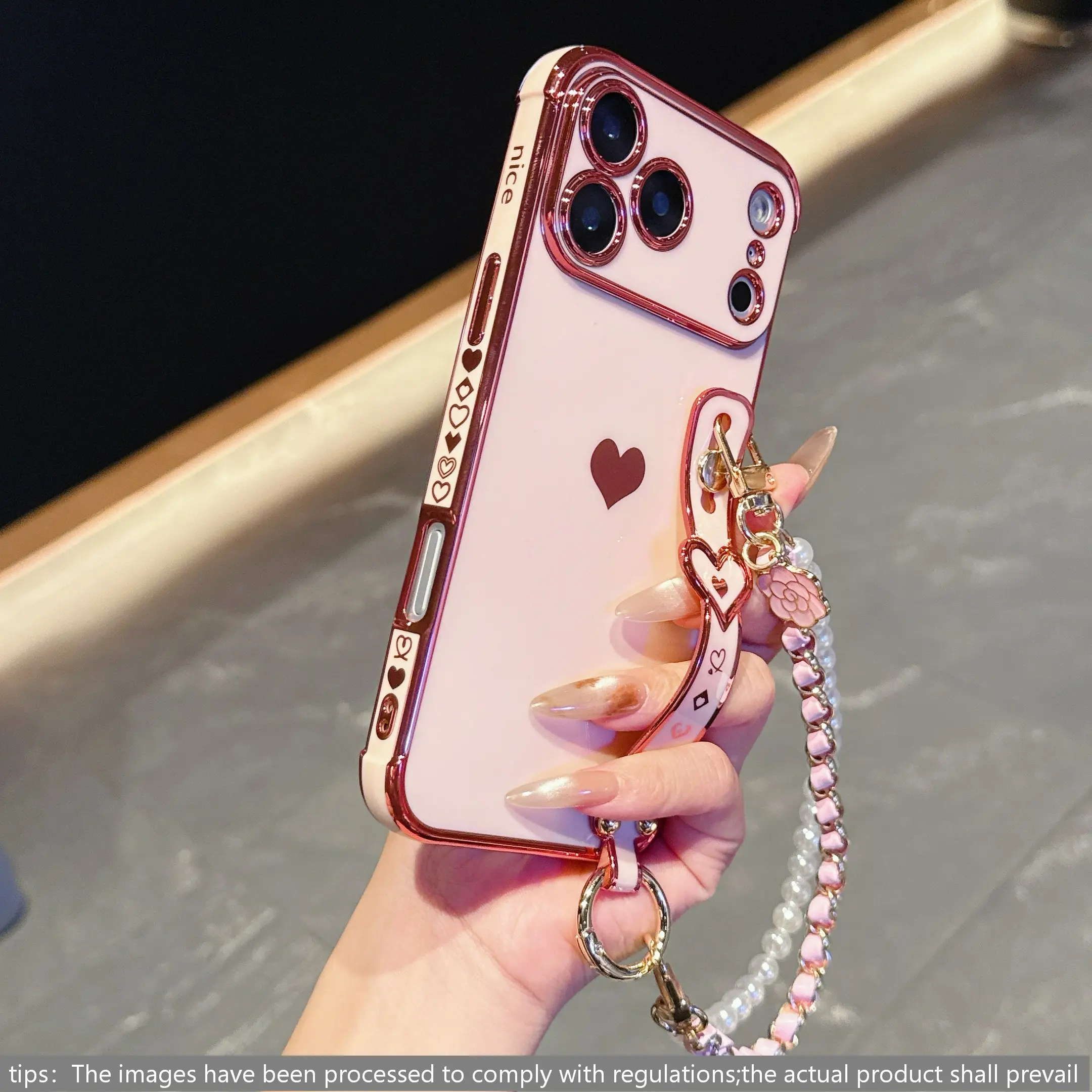 Fashion Luxury Electroplated Heart Large Window Wristband Beaded Bracelet Phone Case, Full Protection Anti-Scratch Shockproof for iPhone 17pro Max 16pro 15 14 13 12