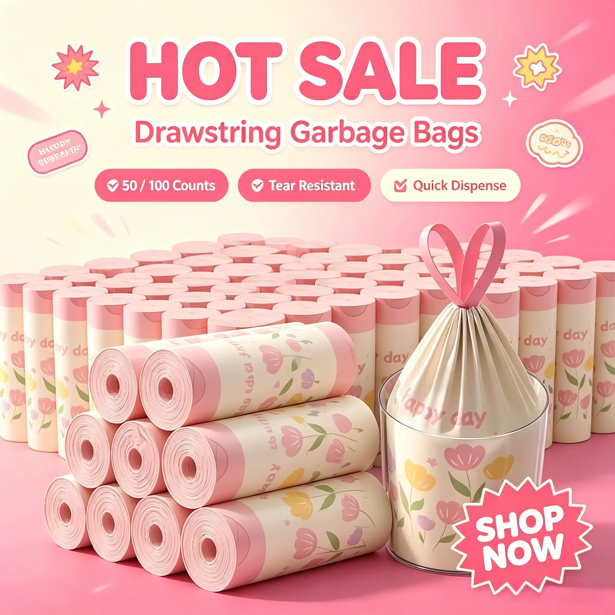 Lavender Scented Thick Large Drawstring Trash Bags, Multi-Purpose Disposable Storage Bags, Kitchen, Bathroom, Bedroom, Living Room, Toilet, Floral
