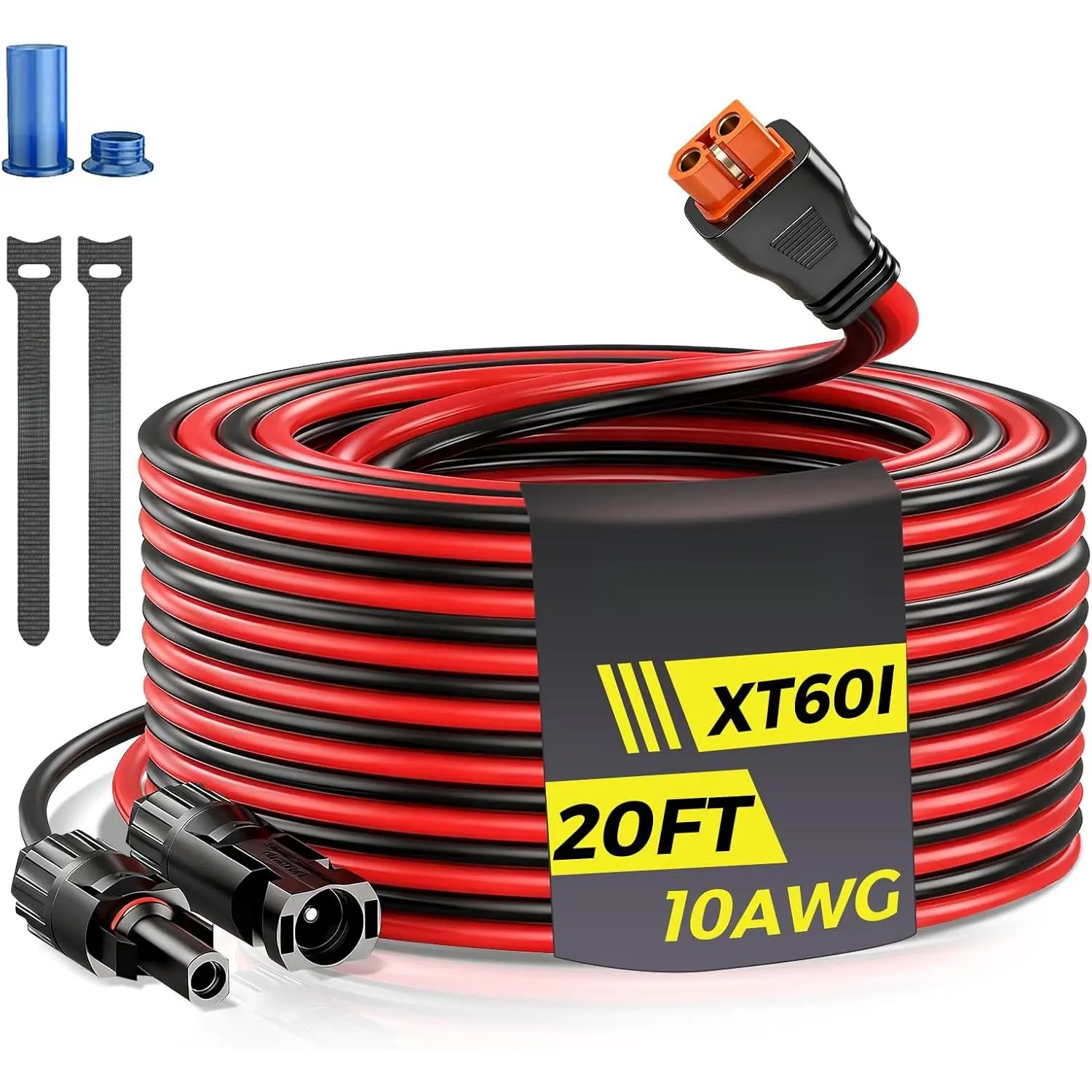 Gibbab 10AWG Solar Panel to XT60i-F Adapter Extension Charging Cable (20ft length option, 3/6/10/16/25ft available) with caps & wire ties for LiFePO4 battery RV portable power station