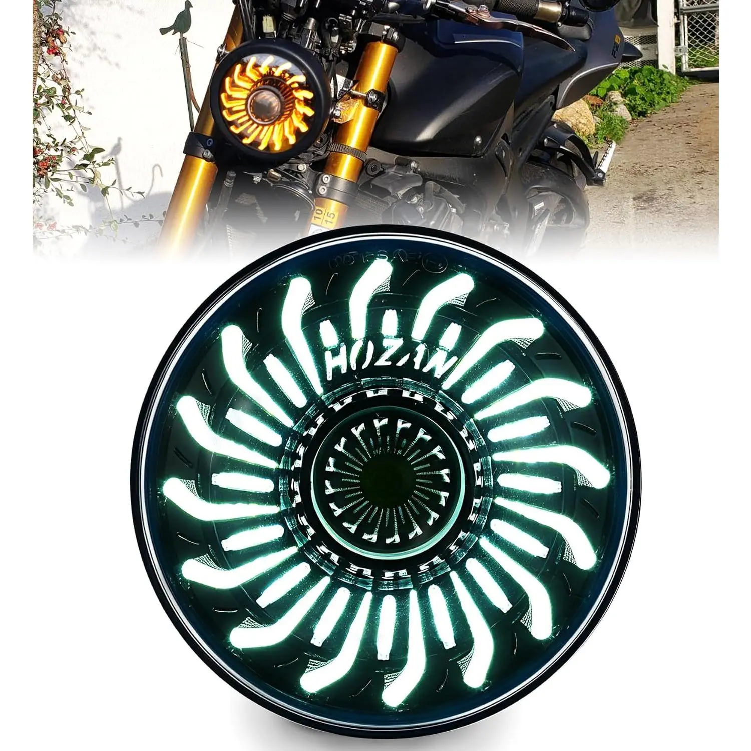 LED 5-3/4" Headlight with White/Amber Chrysanthemum Petal DRL, Compatible with Harley-Davidson Sportster Iron 883, SuperLow XL883, XL1200, Softail Springer, Dyna Street Bob, Low Rider