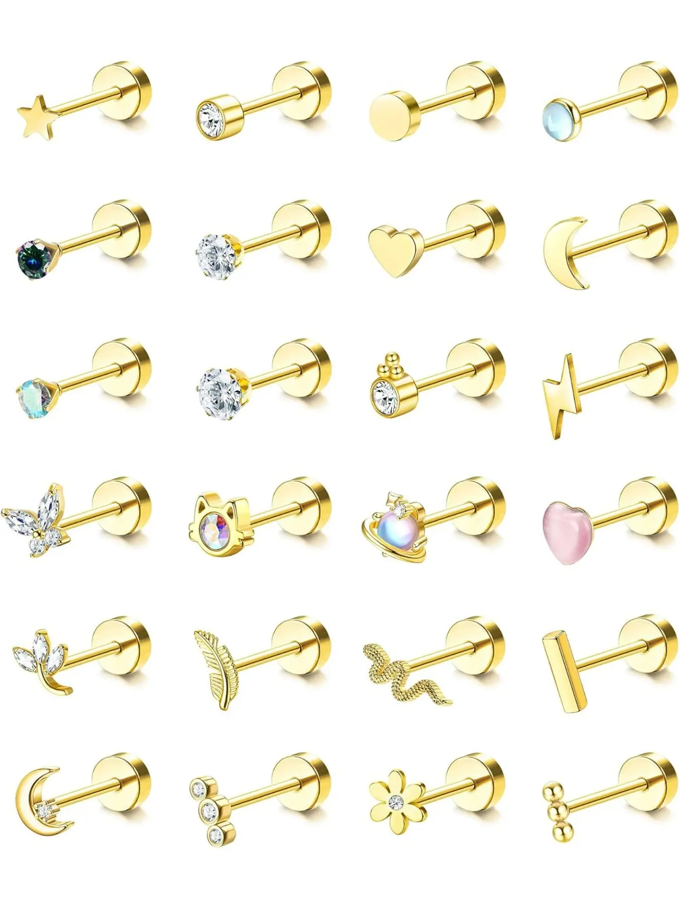 24Pcs Cartilage Earrings for Women Men 20G Surgical Steel Flat Back Stud Earrings CZ Helix Conch Small Flatback Earrings Hypoallergenic Nap Earrings