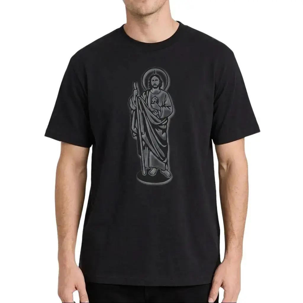 Family Trip Tee for Men Featuring Saint Judas Tadeo Religious Design White Black Cotton T Shirt 180g Soft Comfortable Fit Round Neck Casual Relaxed Fit Menswear Spiritual Travel Shirt