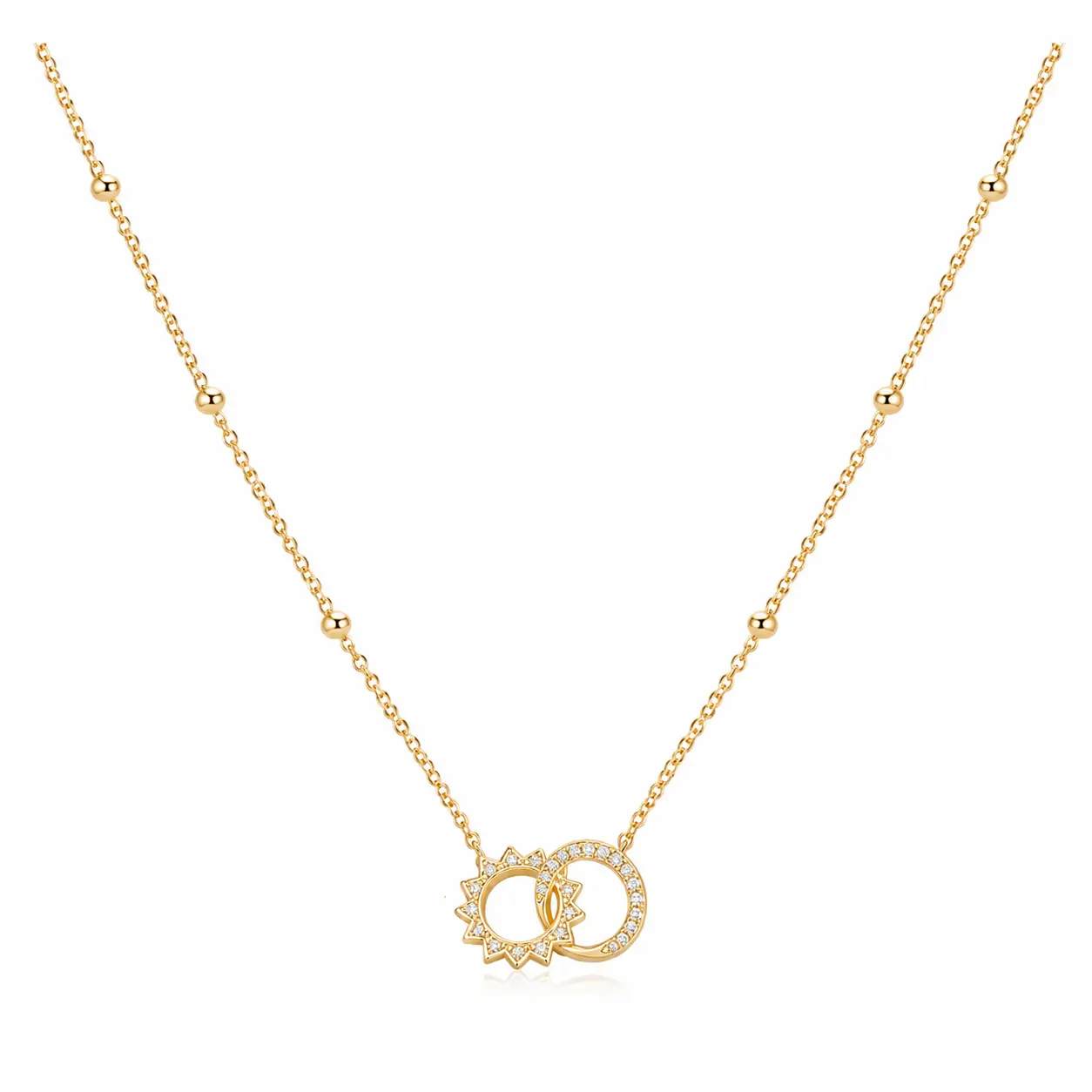 Gold Layered Necklace for Women, 14K Gold Plated Copper Double Circle Pendant Necklace, Sun Moon Dainty Necklace, Hypoallergenic Adjustable Chain Jewelry, Minimalist Everyday Gift for Women