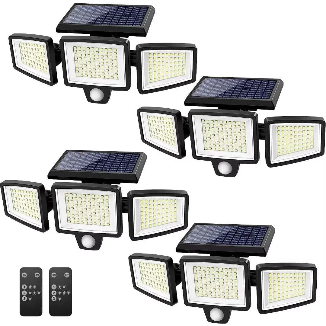 Solar Outdoor Lights 2500LM 210 LED Security Lights with Remote Control,3 Heads Motion Sensor Lights, IP65 Waterproof,270° Wide Angle Flood Wall Lights with 3 Modes(4 Pack)