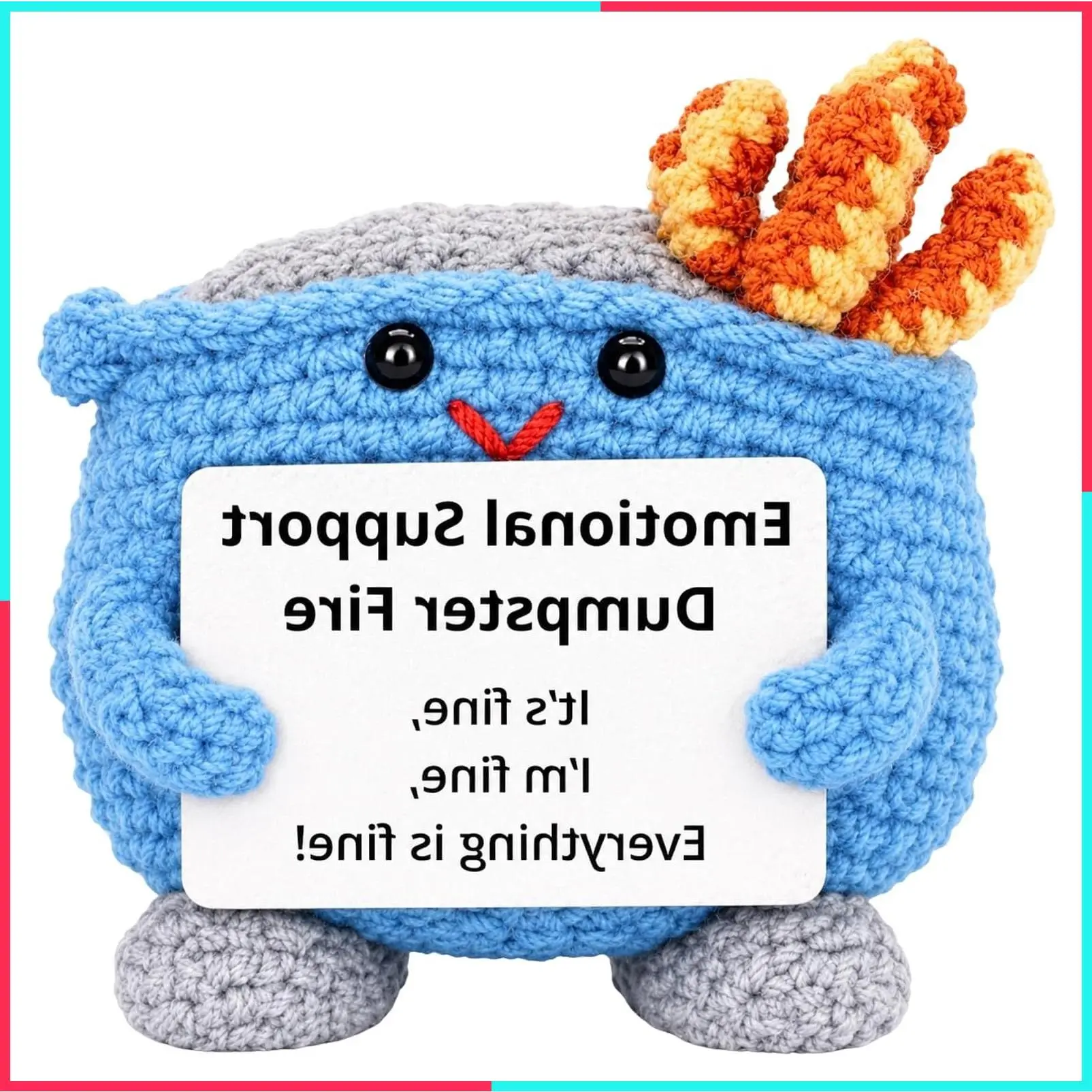 Handmade Emotional Support Dumpster Fire Crochet – Funny Stress Relief Desk Decor, Positive Gift for Counselor, Teacher, Manager, Coworker, Friends & Family (Blue)
