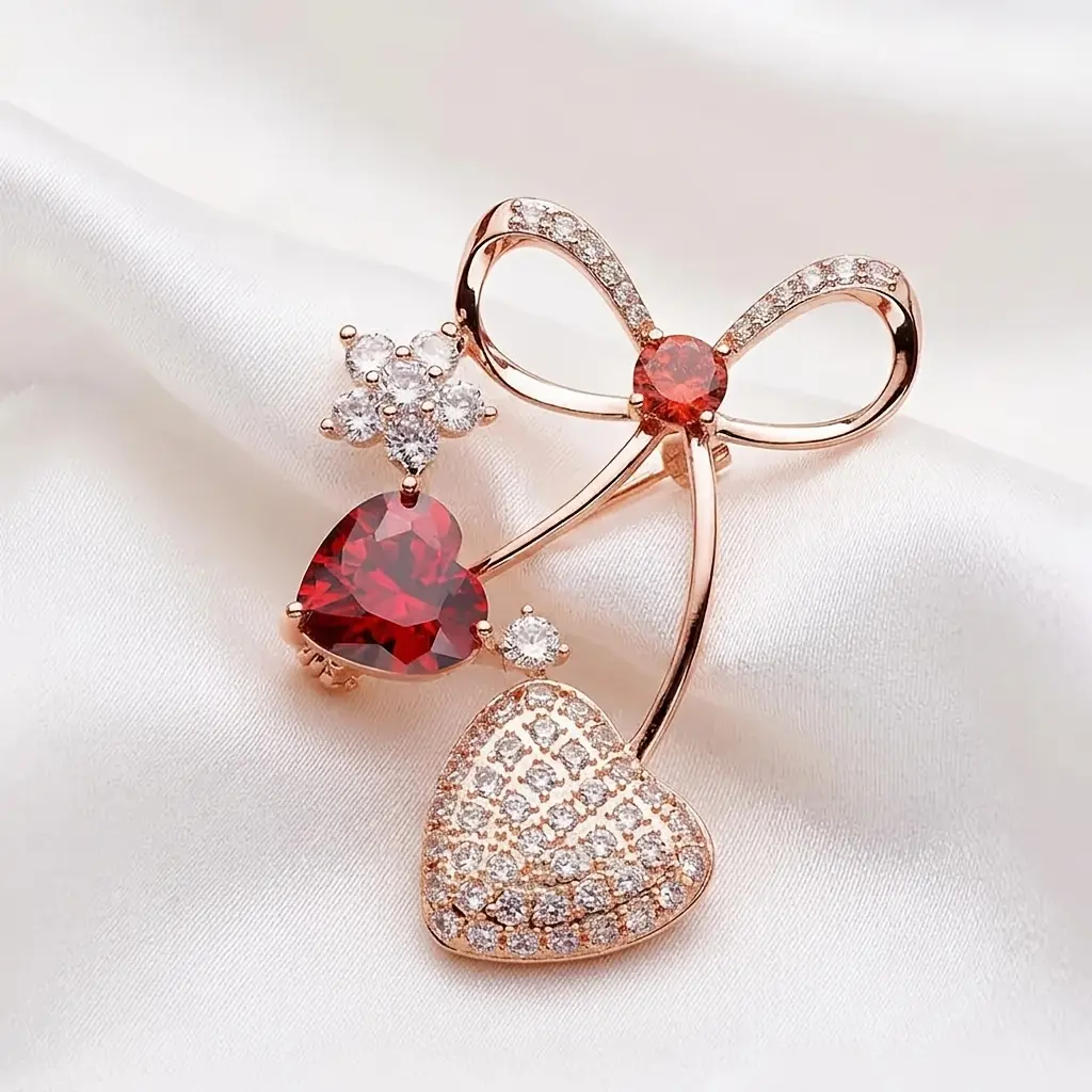 Elegant Heart-Shaped Brooch with Red Gems And Rhinestones, Perfect for Jackets And Suits, Ideal Valentine'S Day Gift, Autumn Fashion Accessory | Elegant Accessory | Detailed Craftsmanship