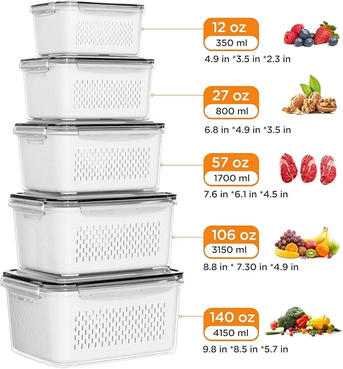 Fridge Organizers and Storage - Stackable Fruit Storage Containers for Fridge with Removable Colander, BPA-Free Food Storage Container for Salad Berry Lettuce Vegetables Meat Keeper Fresh